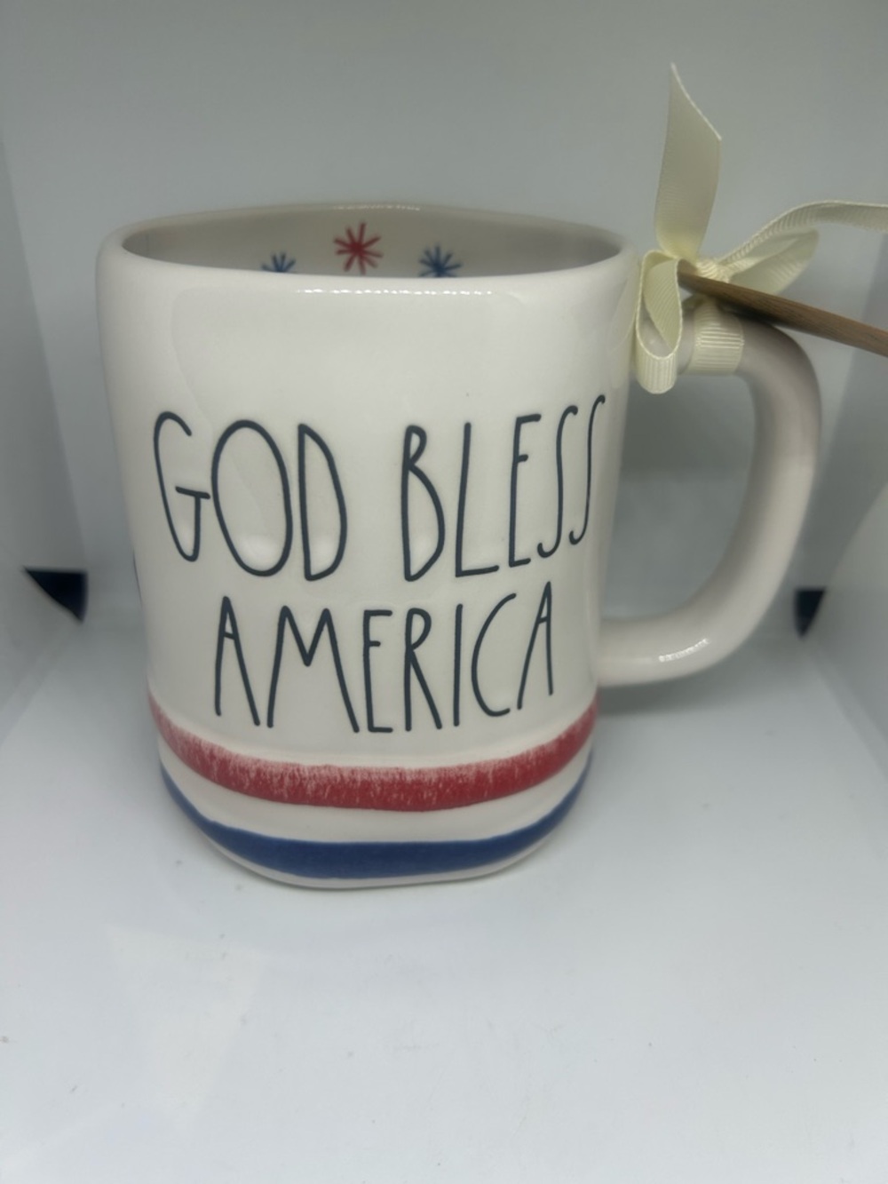 Rae Dunn White Mug with Red & Blue Stripes - God Bless America